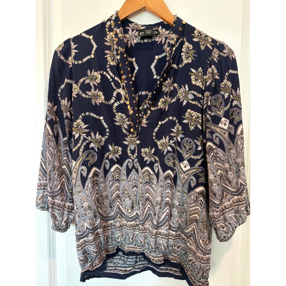 Angie Navy Paisley Boho Peasant Blouse Beaded Heart Accents 3/4 Sleeve Rayon